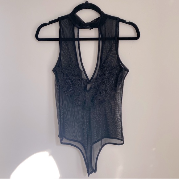Black Mesh Body-suit with Lace Flower Detail - Picture 1 of 2